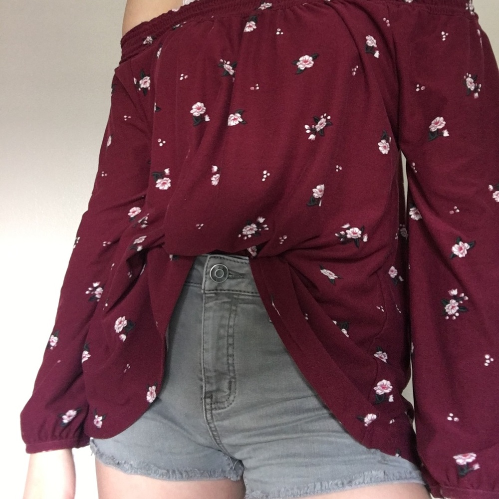 maroon off-the-shoulder floral top